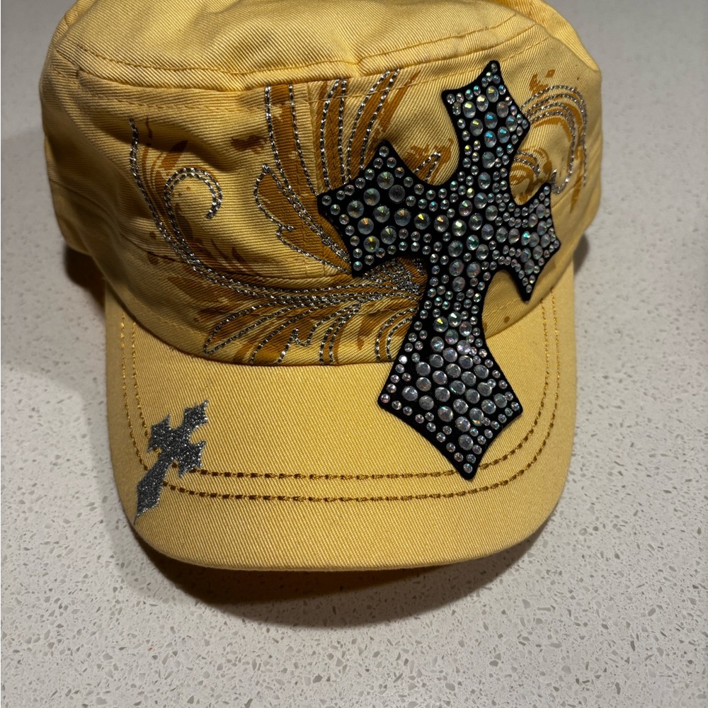 KBETHOS Yellow Hat with Rhinestone Cross